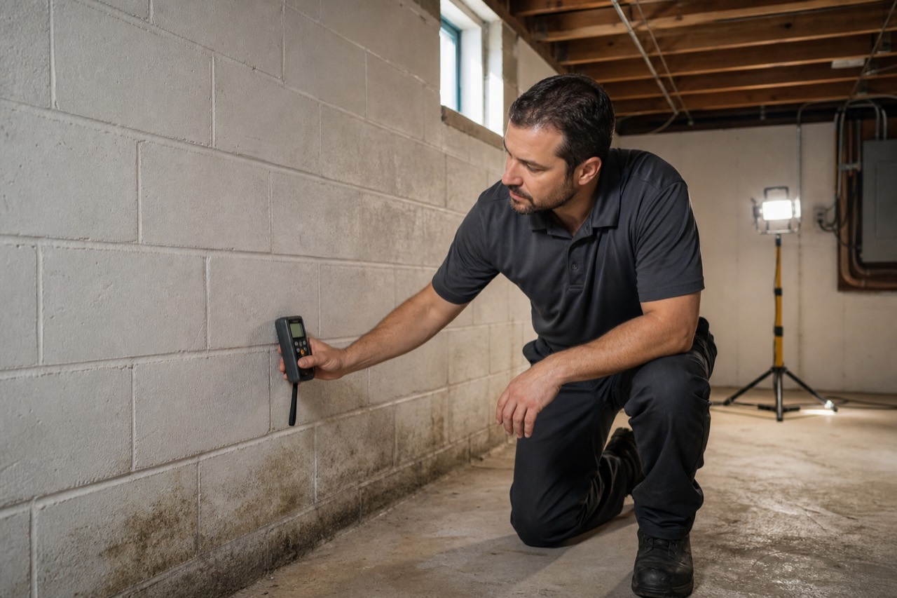 Technician checking moisture along a Chattanooga foundation wall